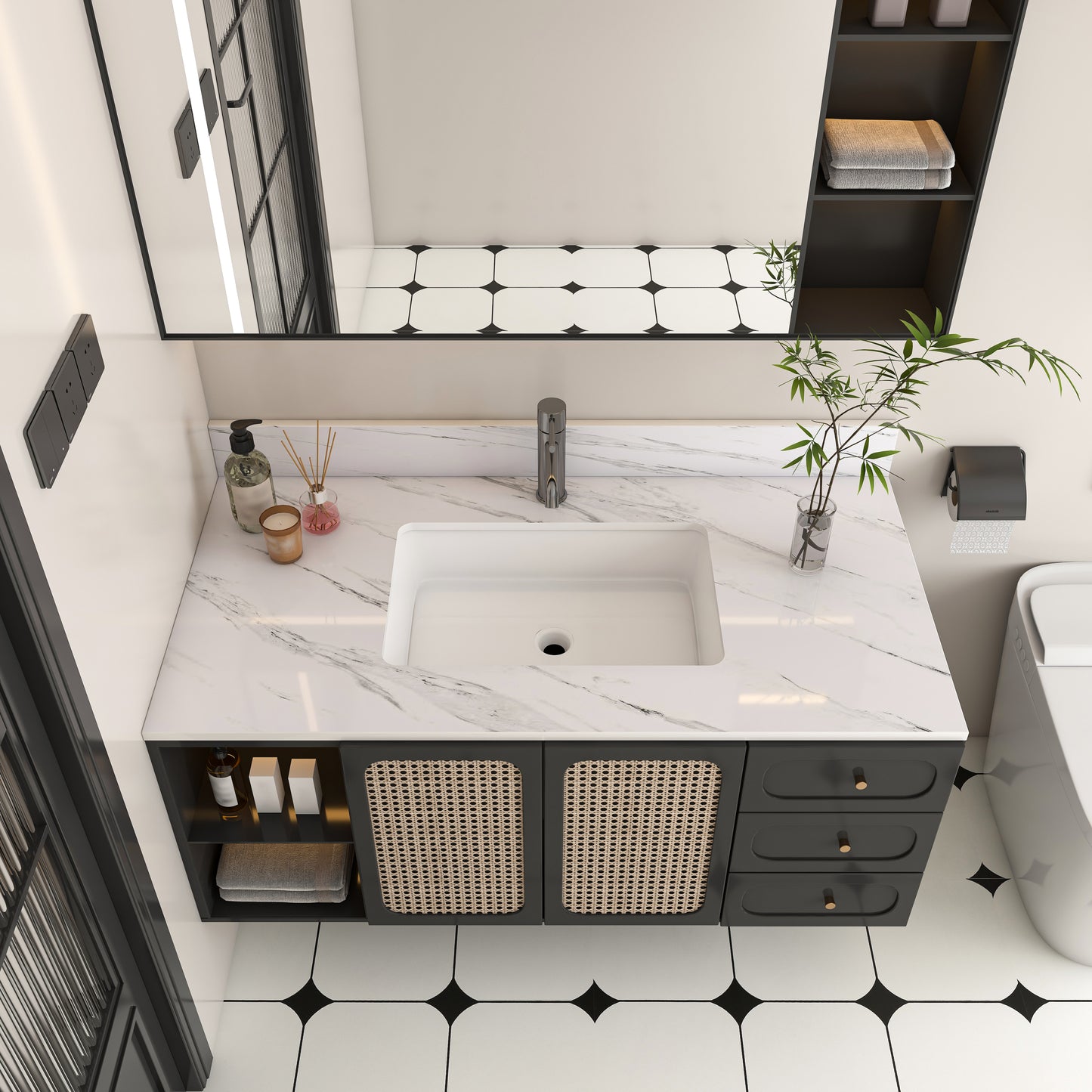 43 Inch Marble Vanity Top, White Vanity Top with 1 Pre-drilled Faucet Holes, Bathroom Vanity Top with Undermount Rectangular Middle Sink and 4' Height Backsplash,  Bianco Carrara Venato