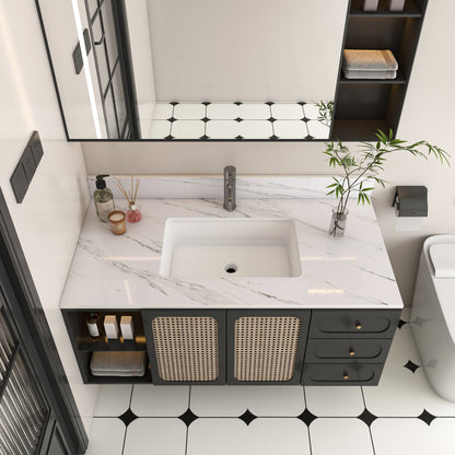 43 Inch Marble Vanity Top, White Vanity Top with 1 Pre-drilled Faucet Holes, Bathroom Vanity Top with Undermount Rectangular Middle Sink and 4' Height Backsplash,  Bianco Carrara Venato