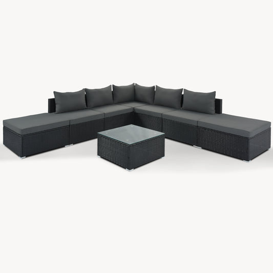 8-Pieces Outdoor Patio Furniture Set with Combinable Wicker Sofa and Gray Cushions