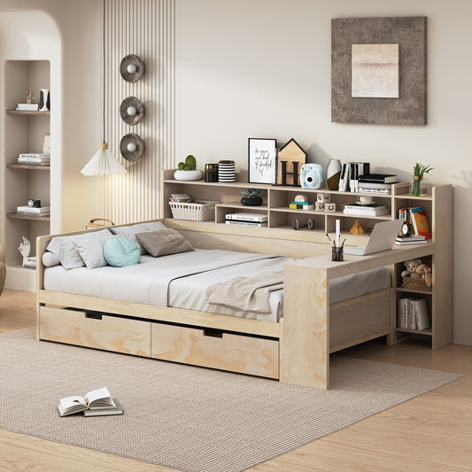 Wooden Full Size Daybed with Storage Shelves, Multi-functional Bed with Two Storage Drawers and  Study Desk, Natural (Old SKU: HL000089AAM)