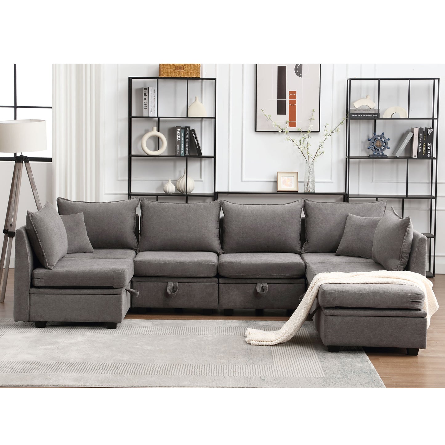 Modular Sectional Sofa, Convertible U Shaped Sofa Couch with Storage, 7 Seat Sleeper Sectional Sofa Set, Flexible Modular Combinations Fabric Couch for Living Room  (Grey, 7 Seat Sofa)