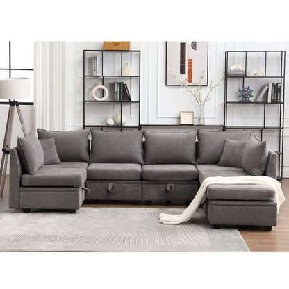 Modular Sectional Sofa, Convertible U Shaped Sofa Couch with Storage, 7 Seat Sleeper Sectional Sofa Set, Flexible Modular Combinations Fabric Couch for Living Room  (Grey, 7 Seat Sofa)