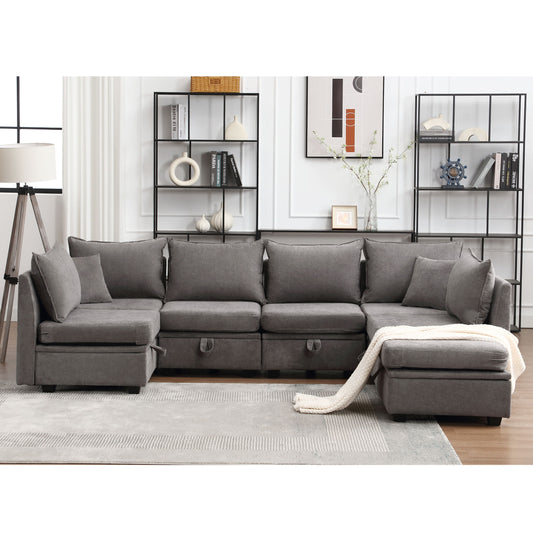 Modular Sectional Sofa, Convertible U Shaped Sofa Couch with Storage, 7 Seat Sleeper Sectional Sofa Set, Flexible Modular Combinations Fabric Couch for Living Room  (Grey, 7 Seat Sofa)