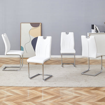 White PU Dining Chair Set.Uniquely designed white dining chairs. PU material, paired with silver metal chair legs. Suitable for offices, restaurants, kitchens, conference rooms, etc.(Set of 4)