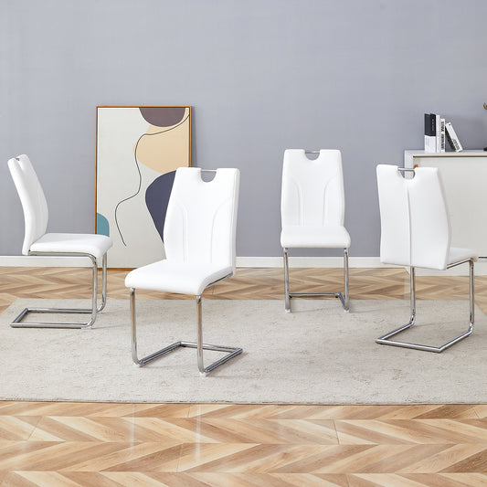 White PU Dining Chair Set.Uniquely designed white dining chairs. PU material, paired with silver metal chair legs. Suitable for offices, restaurants, kitchens, conference rooms, etc.(Set of 4)