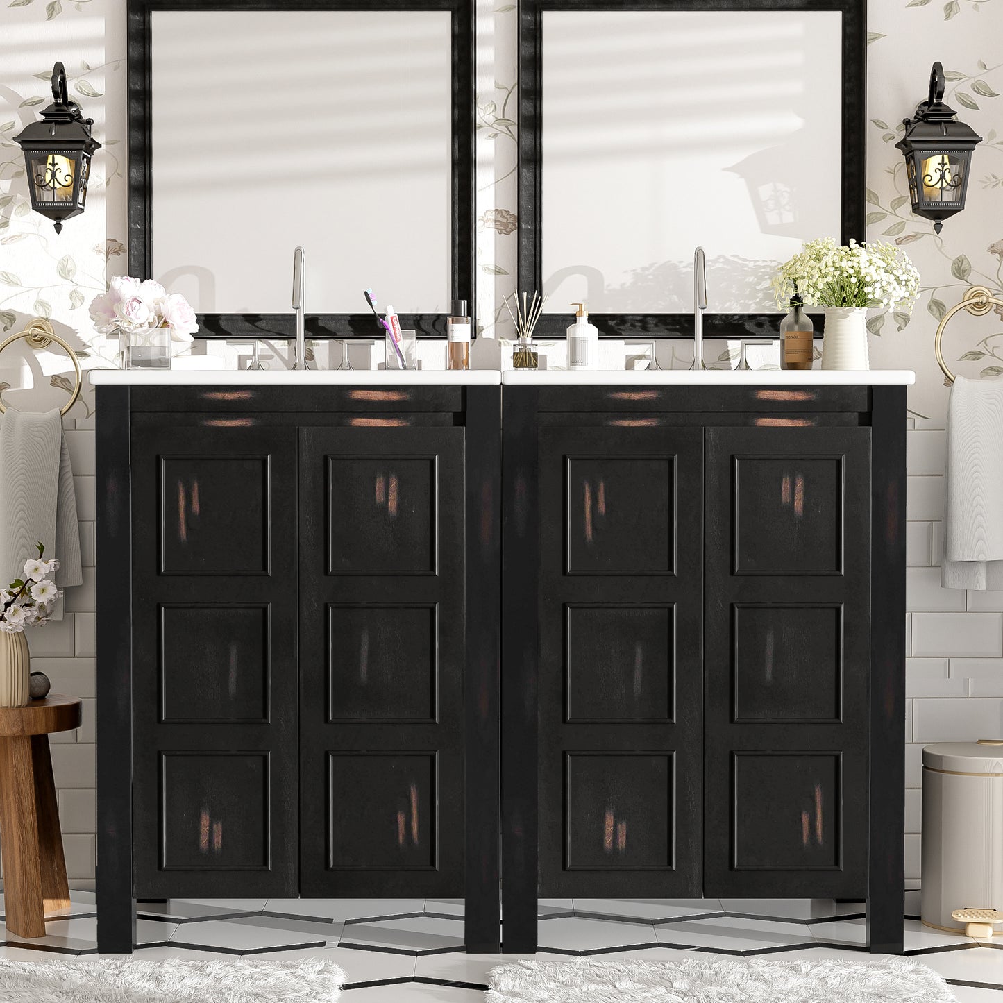 48' Vintage Style Bathroom Vanity Combo with Double Vanities (separate), Double Ceramic Sinks, storage Shelf and Soft Close Doors