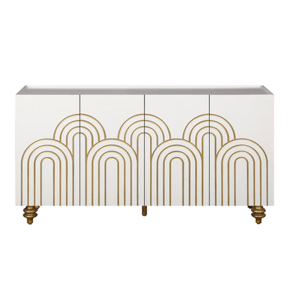 Modern Fluted Sideboard Buffet with Storage, Curve Element, 4 Doors with Adjustable Shelves, White