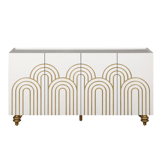 Modern Fluted Sideboard Buffet with Storage, Curve Element, 4 Doors with Adjustable Shelves, White