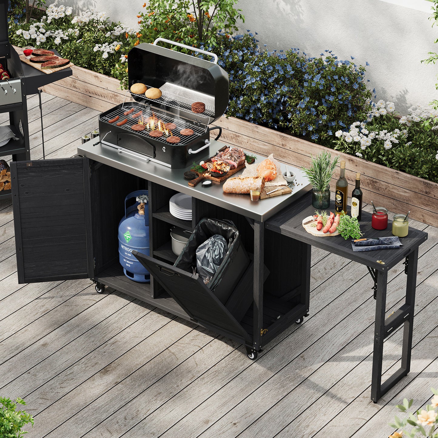 K&K 78.3' Outdoor Kitchen Island with Foldable Grill Table, Wooden Outdoor Grill Cart with Trash Can Storage & Stainless Steel Top, Outdoor Bar Cart, Pizza Oven Table for Lawn & Garden, Black