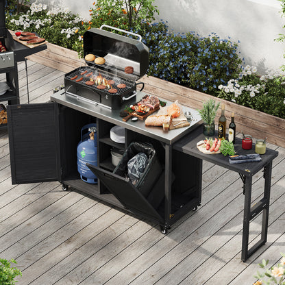 K&K 78.3' Outdoor Kitchen Island with Foldable Grill Table, Wooden Outdoor Grill Cart with Trash Can Storage & Stainless Steel Top, Outdoor Bar Cart, Pizza Oven Table for Lawn & Garden, Black