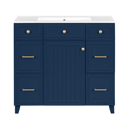 Transitional Blue Bathroom Vanity with Ceramic Sink, Solid Wood Frame, Soft Close Doors, Adjustable Shelves, 36'