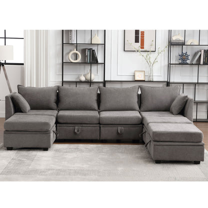 Modular Sectional Sofa, Convertible U Shaped Sofa Couch with Storage, 7 Seat Sleeper Sectional Sofa Set, Flexible Modular Combinations Fabric Couch for Living Room  (Grey, 7 Seat Sofa)