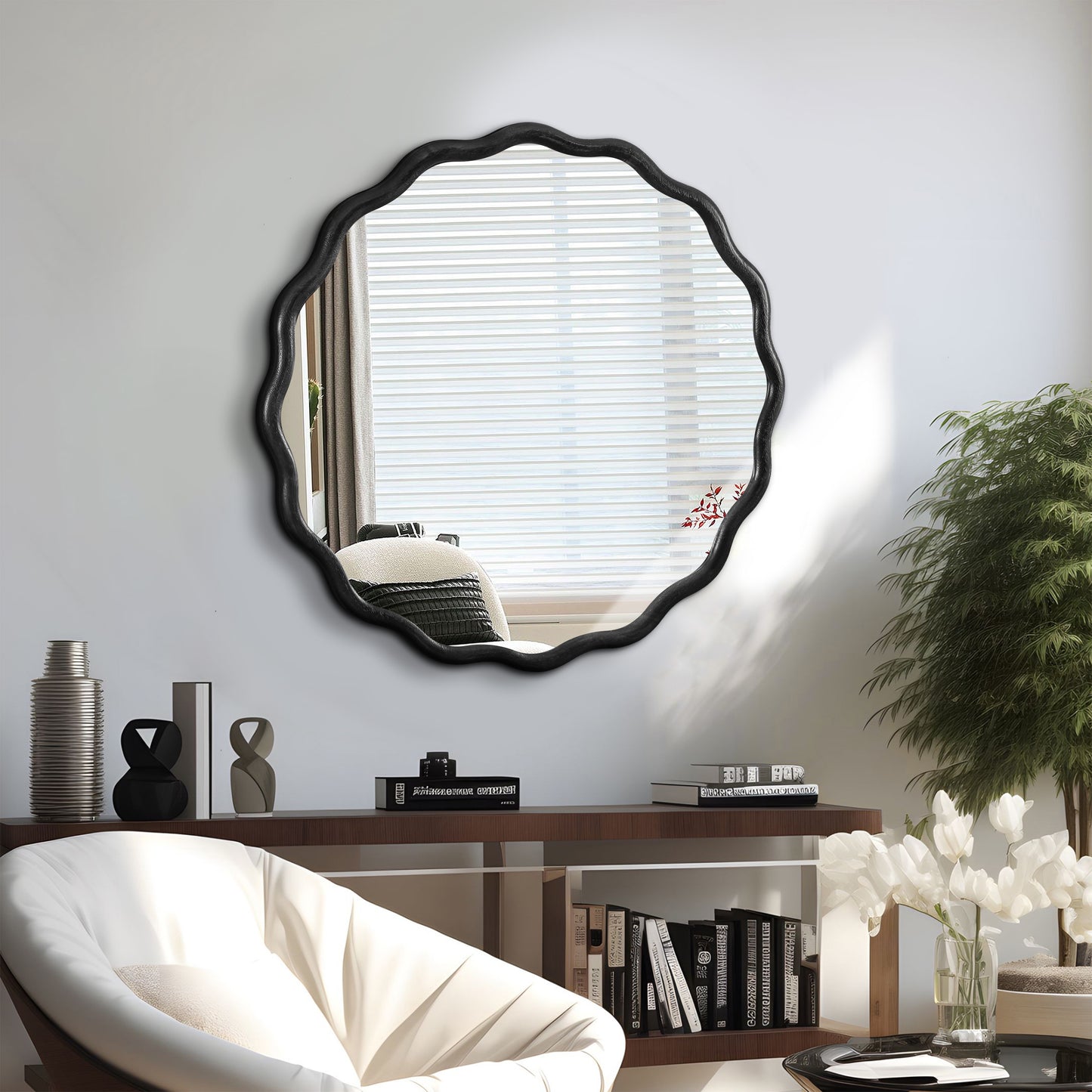 Solid Wood Wavy Mirror-Black Mirror Wall Decor 31' x 31' Modern Mirror Wall Decor for Bathroom, Bedroom, Living Room, Dining Room, Cloakroom, Entryway