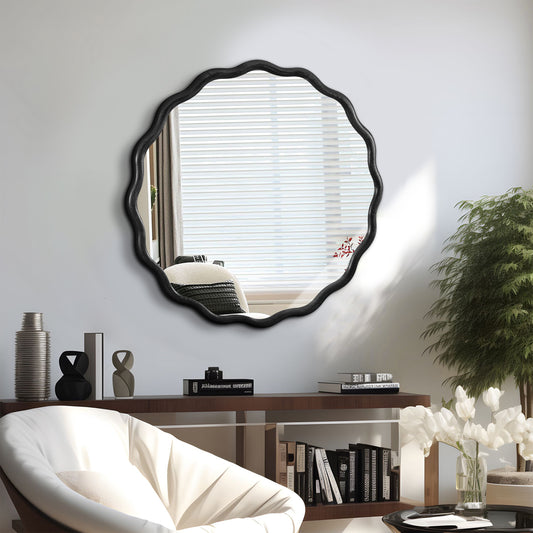 Solid Wood Wavy Mirror-Black Mirror Wall Decor 31' x 31' Modern Mirror Wall Decor for Bathroom, Bedroom, Living Room, Dining Room, Cloakroom, Entryway
