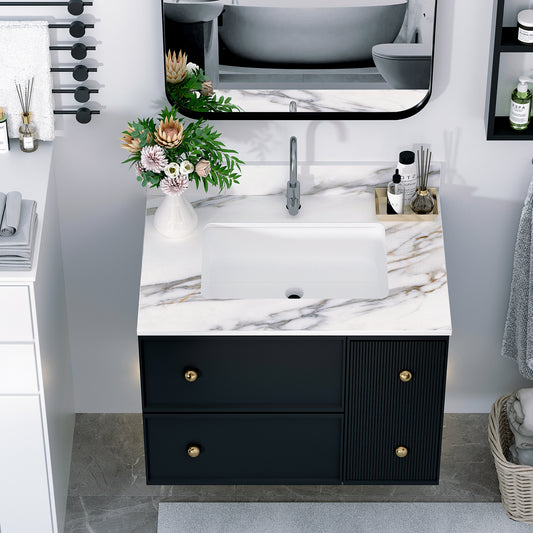 31 Inch Marble Vanity Top, Bathroom Vanity Top with Undermount Rectangular Middle Sink and 4' Height Backsplash, Pre-Drilled Faucet Hole  Vanity Top, Carrara white with veins