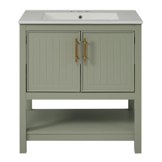 Elegant Green Bathroom Vanity with Ceramic Sink and Versatile Storage, 30-Inch, Solid Wood and MDF