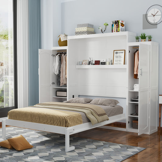 Full Size Murphy Bed with Two Wardrobe and Storage Shelf, Multifunctional Foldable Platform Bedframe for Guest-Room, Bedroom, White