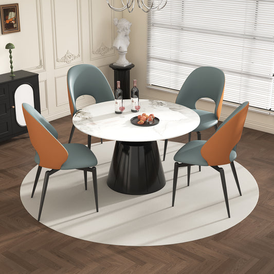 53' Marble Round Dining Table, Sintered Stone Round Dining Table with Stainless Steel Cone Base, Sturdy Dining Table for Kitchen Dining Room for 4-6 people (with 4 Gray Chairs)