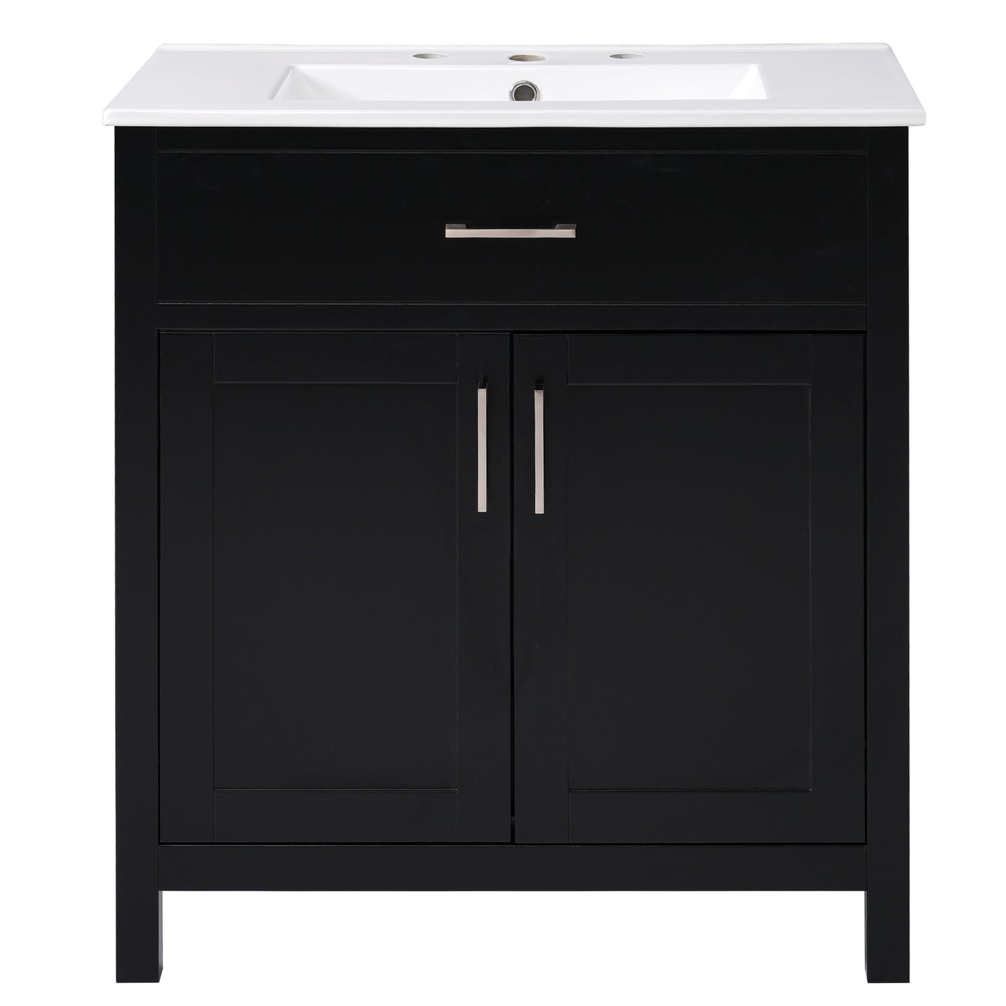 30-Inch Transitional Black Bathroom Vanity with Ceramic Sink and Ample Storage - Solid Wood Feet + MDF Cabinet, Rectangular Undermount Sink, Silver Aluminum Alloy Handles