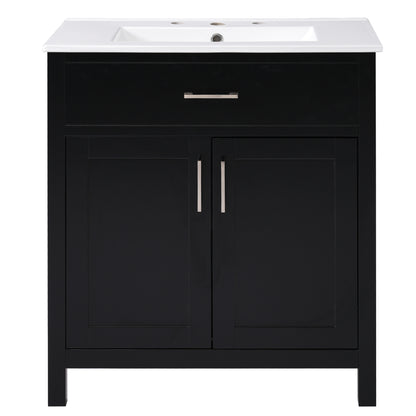 30-Inch Transitional Black Bathroom Vanity with Ceramic Sink and Ample Storage - Solid Wood Feet + MDF Cabinet, Rectangular Undermount Sink, Silver Aluminum Alloy Handles