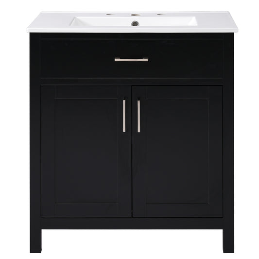 30-Inch Transitional Black Bathroom Vanity with Ceramic Sink and Ample Storage - Solid Wood Feet + MDF Cabinet, Rectangular Undermount Sink, Silver Aluminum Alloy Handles