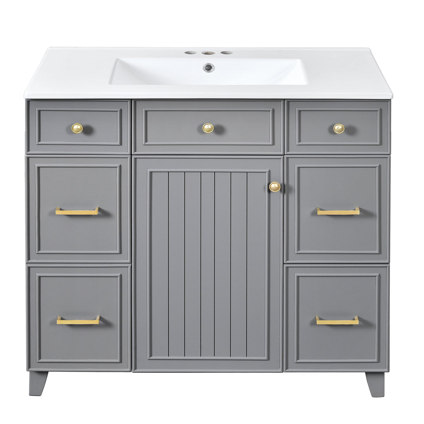 Transitional Grey Bathroom Vanity with Ceramic Sink, Solid Wood Frame, Soft Close Doors, Adjustable Shelves, 36 Inch