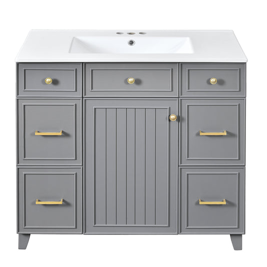 Transitional Grey Bathroom Vanity with Ceramic Sink, Solid Wood Frame, Soft Close Doors, Adjustable Shelves, 36 Inch