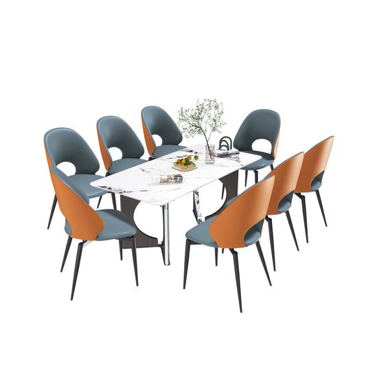 Marble Dining Table for 6-8, 79' Modern Luxury Dining Room Table for Kitchen, Carrara Gold Rectangular Table with Stainless Steel Base with 8 Gray Chairs