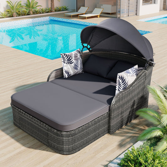 GO 79.9' Outdoor Sunbed with Adjustable Canopy, Double lounge, PE Rattan Daybed, Gray Wicker And Cushion