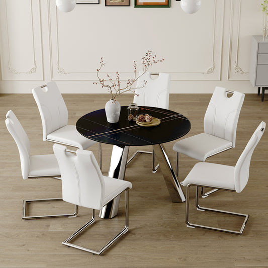 Table and chair set.A 42-inch stainless steel leg round table.Paired with 6 Uniquely designed White Dining Chairs With Silver Metal Leg.Sintered Stone Tabletop,Stainless Steels Table Legs.
