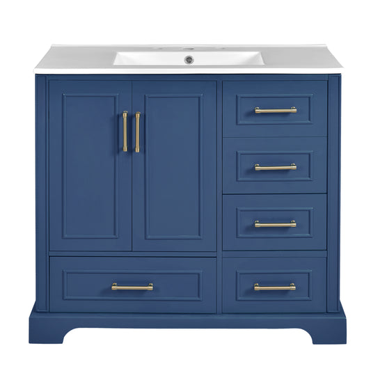 Traditional 36-Inch Bathroom Vanity with Ceramic Sink, Blue Cabinet with Soft Close Doors and Drawers