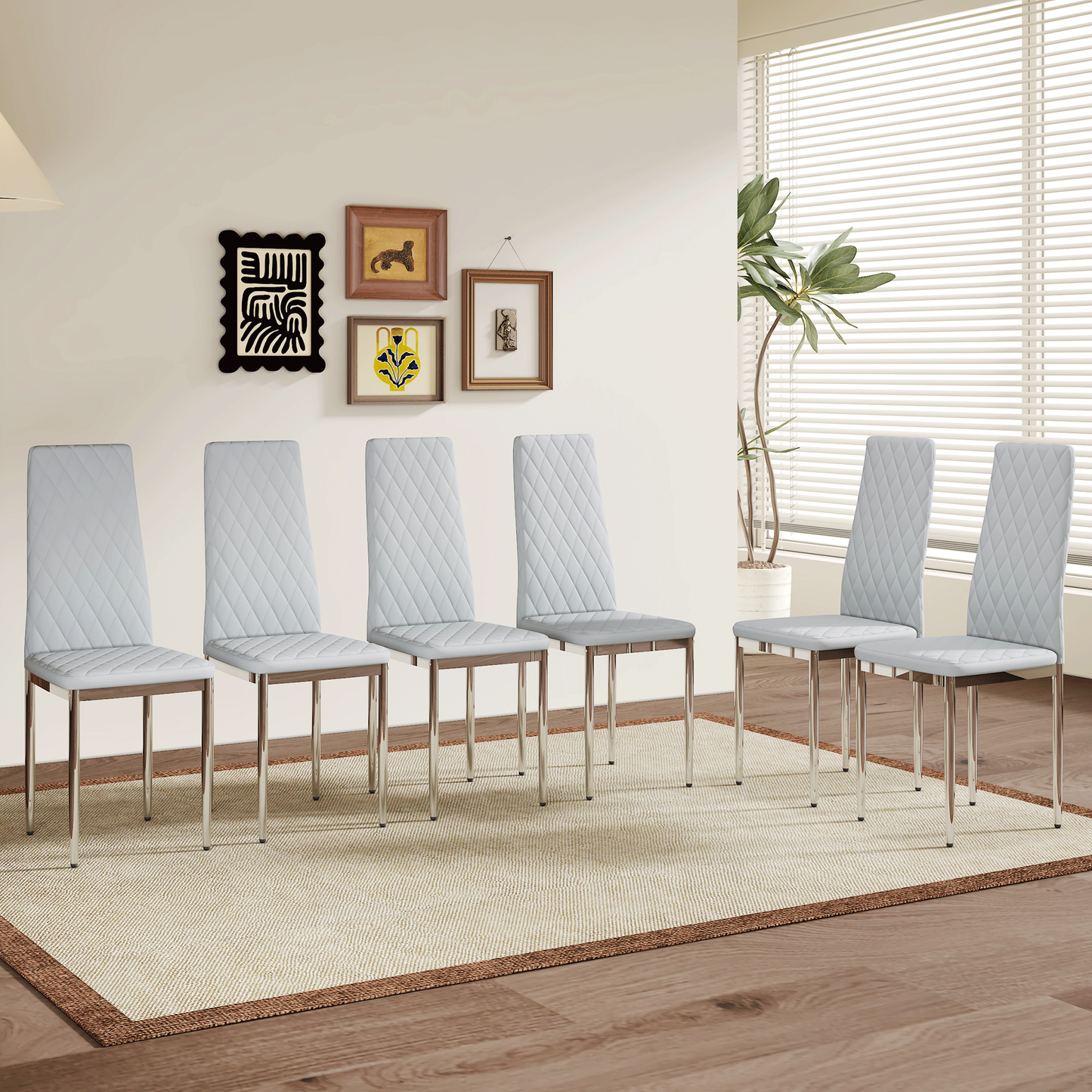 Modern Style Dining Chairs Set of 6 in Light Gray, Essential for Minimalist Homes.Meeting Family Dining Needs,PU Material Seat,Silver Metal Legs,Blending into Various Home Environments.W1151107277