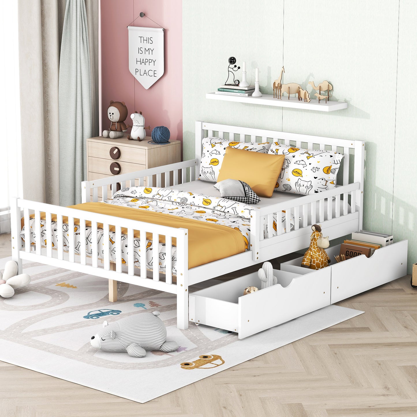 Full Size Wood Platform Bed with Guardrails on Both Sides and Two Storage Drawers ,White