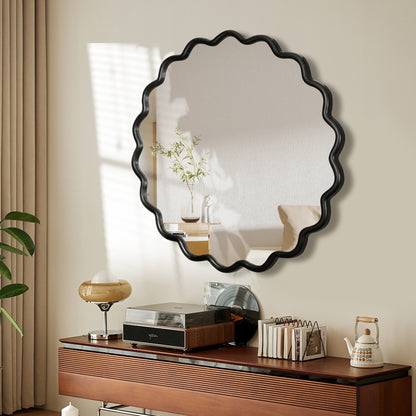 Solid Wood Wavy Mirror-Black Vanity Mirror Wall Decor 42' x 42' Modern Mirror Wall Decor for Bathroom, Bedroom, Living Room, Dining Room, Cloakroom, Entryway