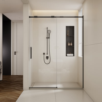 56-60'W x74'H Semi-Frame Single Sliding Shower Door,304 Stainless Steelin Matted black finish,5/16' (8mm) Thick SGCC Tempered Clear Glass,Type C Wrapped Guide Rail Anti-derailment Pulley