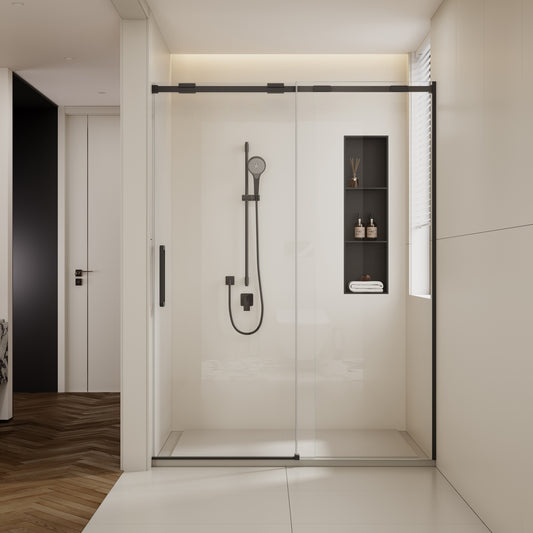56-60'W x74'H Semi-Frame Single Sliding Shower Door,304 Stainless Steelin Matted black finish,5/16' (8mm) Thick SGCC Tempered Clear Glass,Type C Wrapped Guide Rail Anti-derailment Pulley
