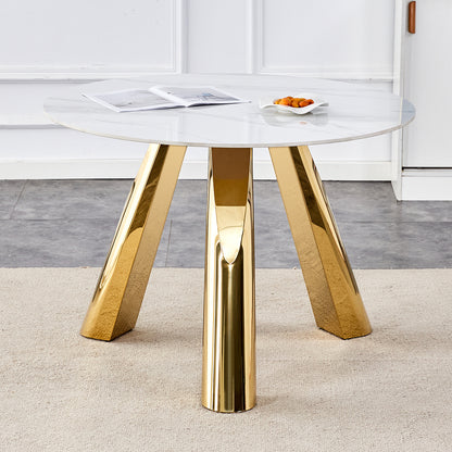 42-inch white marble grained stone round table three-legged round table with stainless steel gold-plated legs Natural healthy and environmentally friendly round table