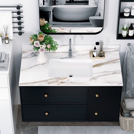 43 Inch Marble Vanity Top, Bathroom Vanity Top with Undermount Rectangular Middle Sink and 4' Height Backsplash, Pre-Drilled  Faucet Hole  Vanity Top, Carrara white with veins