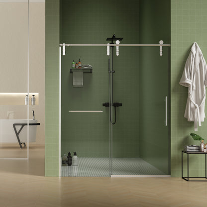 56'-60'W x 76'H Frameless Shower Door, Sliding Shower Door, Premium 5/16'(8mm) Thick Tempered Glass Shower Enclosure with Towel Bar ,Double Side Easy Clean Coat,Brushed Nickel Finished With Buffer