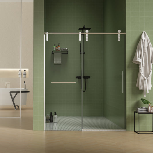 56'-60'W x 76'H Frameless Shower Door, Sliding Shower Door, Premium 5/16'(8mm) Thick Tempered Glass Shower Enclosure with Towel Bar ,Double Side Easy Clean Coat,Brushed Nickel Finished With Buffer
