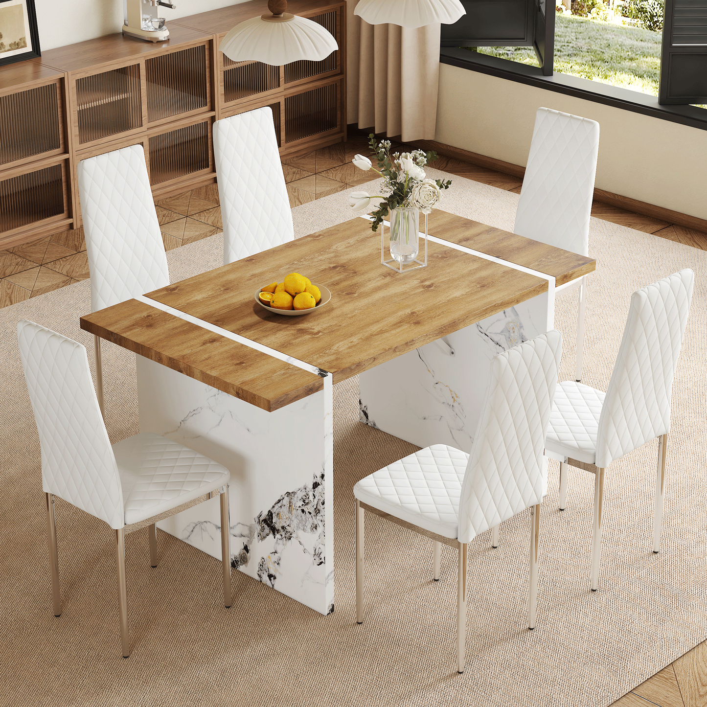 Table And Chair Set.Natural Wood Grain MDF Dining Table - 55'x31.5' Inch.Paired With 6 Modern Style Dining Chairs in White, Essential for Minimalist Homes.Blending into Various Home Environments.