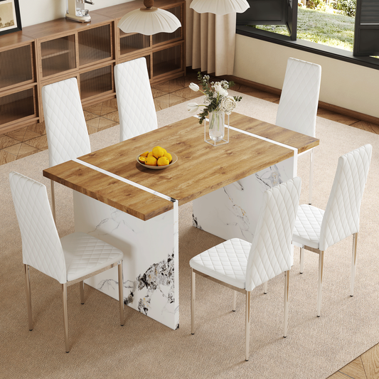 Table And Chair Set.Natural Wood Grain MDF Dining Table - 55'x31.5' Inch.Paired With 6 Modern Style Dining Chairs in White, Essential for Minimalist Homes.Blending into Various Home Environments.