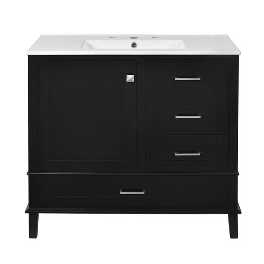 Modern 36' Black Bathroom Vanity with Solid Pine Frame, Soft Close Door and Drawers, Elegant Storage Cabinet