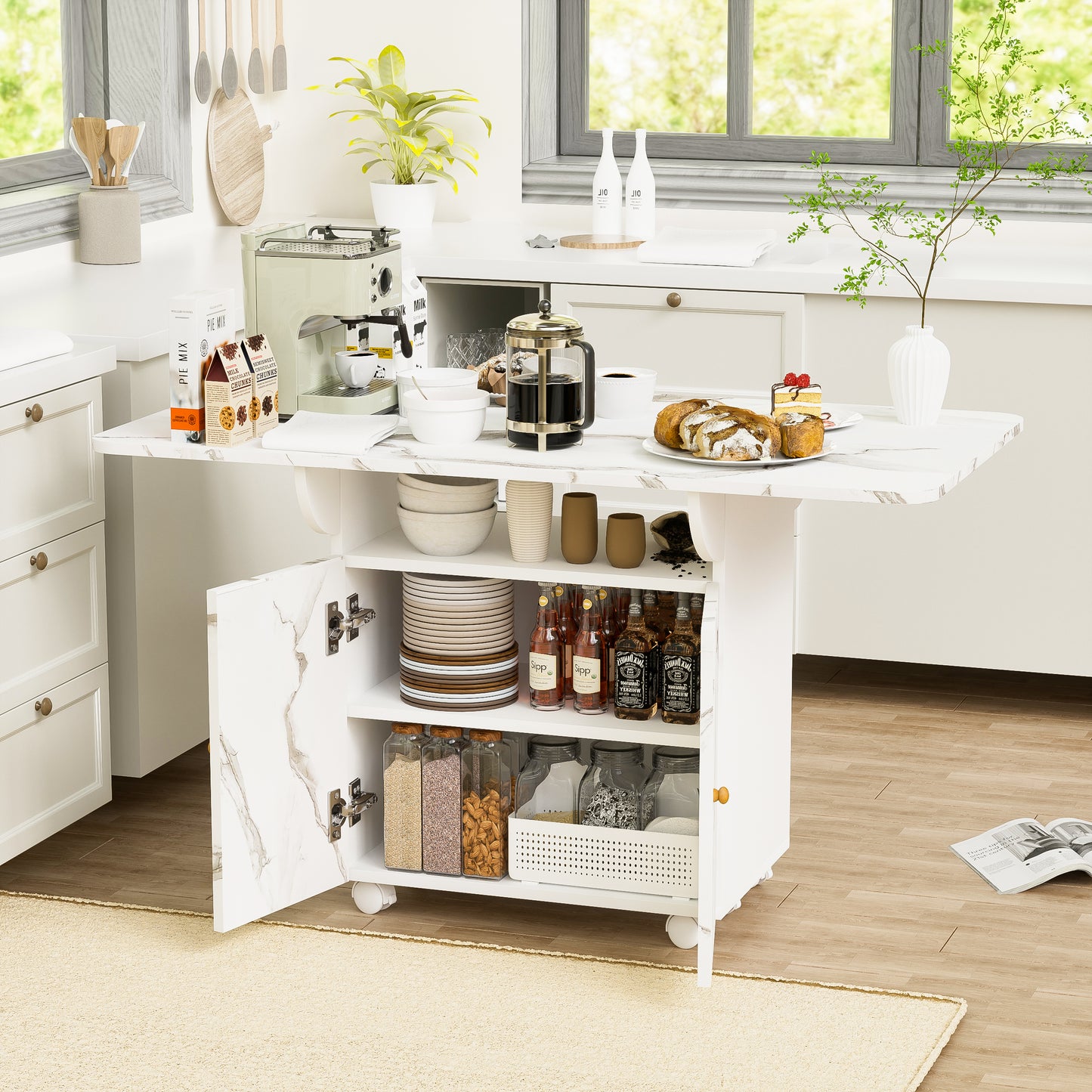47' Wood Folding Dining Table with storage rack and cabinet, Removable Entryway Table with 6 Wheels, White Marble Color Kitchen Island, Side Table and Coffee Table Versatile Table Space Saving