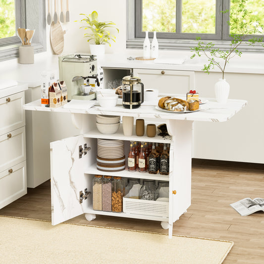 47' Wood Folding Dining Table with storage rack and cabinet, Removable Entryway Table with 6 Wheels, White Marble Color Kitchen Island, Side Table and Coffee Table Versatile Table Space Saving