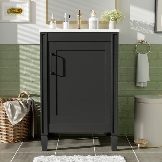 20' Black Bathroom Vanity with Ceramic Sink, Soft Close Door, Adjustable U-Shaped Shelf, Door Storage Rack, Modern Freestanding Cabinet for Small Bathrooms