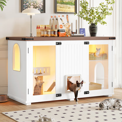 47.25' Large Cat Litter Box Enclosure with LED Light, Hidden Litter Box Furniture, Cat House with Stairs and Cat Scratching Post, Cat Cabinet Side Table with Smart Doors for Living Room, White