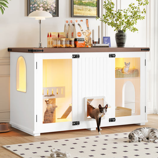 47.25' Large Cat Litter Box Enclosure with LED Light, Hidden Litter Box Furniture, Cat House with Stairs and Cat Scratching Post, Cat Cabinet Side Table with Smart Doors for Living Room, White