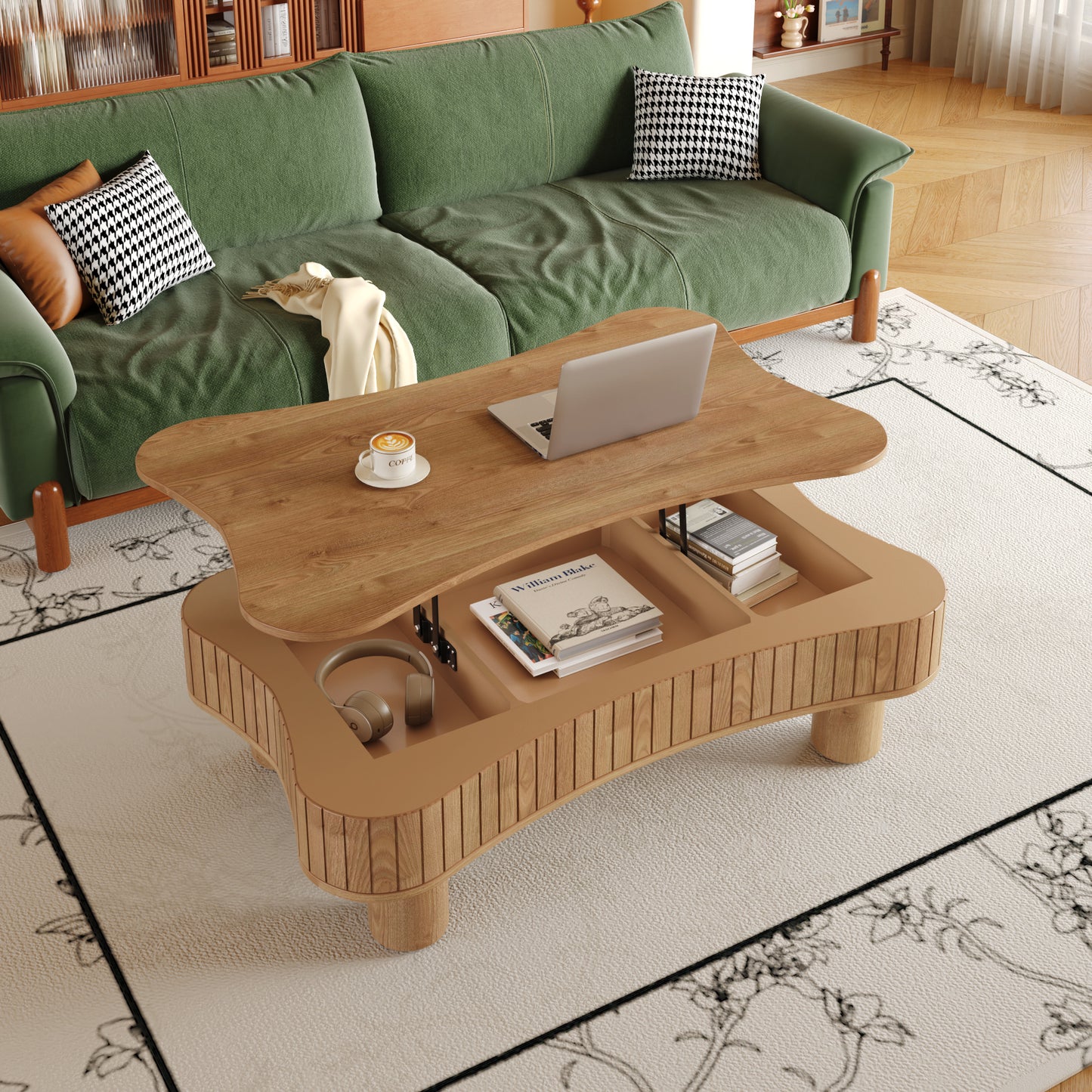 Lift Top Coffee Table for Living Room 42' - Fluted Panel Hidden Storage, Silent Hydraulic Lift, Curved Safety Corners, 5 Min Assembly (27'W x 13-18.9'H, Light Brown)