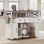 K&K 46.5'' Farmhouse Kitchen Island with Drape of Beads, Power Outlet, Rolling Kitchen Cart on Wheels with Drop Leaf, 3 Doors , 3 Drawers and Internal Iron Shelf, for Kitchen, Dining Room, White